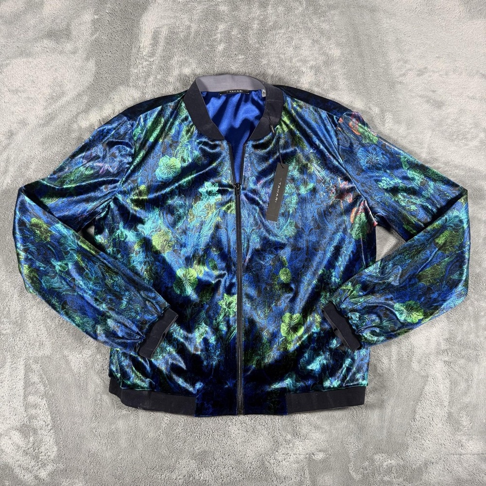 T Tahari Fatima Bomber Jacket Womens Size M Royal Multi Velvet Floral Zip NWT